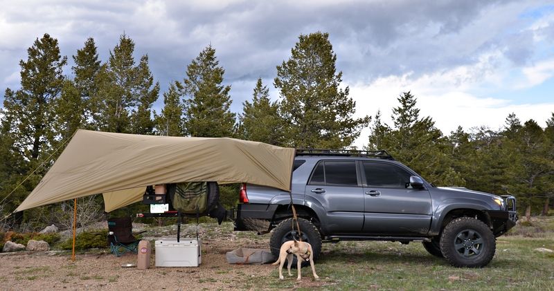 8' x 8' SIMPLE CLASSIC tarp, waxed canvas & leather tie outs