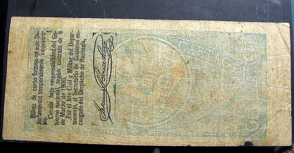 COLOMBIA BANCO DE CARTAGENA 1900 5 PESOS  