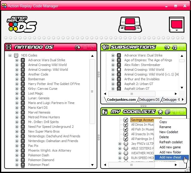 codemasters nintendo ds cheat database